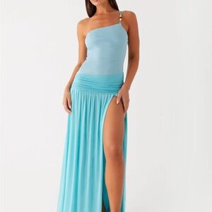 One-Shoulder Aqua Maxi Dress with High Thigh Slit